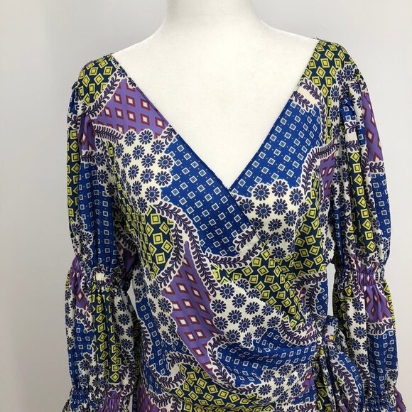 CQ by CQ multicolor geometric patchwork long sleeve ruffle Wrap Maxi dress Lg - Picture 3 of 14